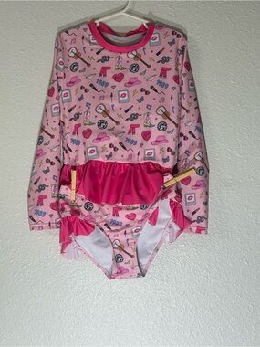 Girls' Pink Long Sleeve Ruffle Swimsuit - Cute Swiftie Icon Print